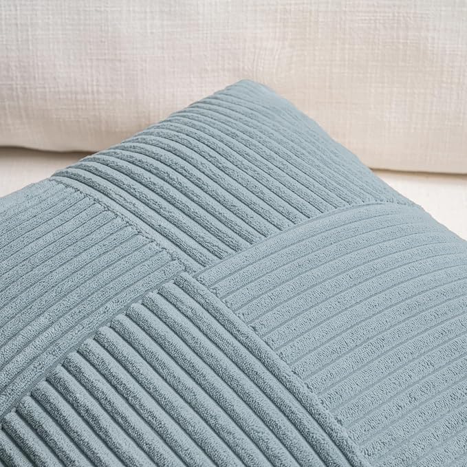 Fancy Homi Set of 2, Light Blue Patchwork Corduroy Decorative Soft Striped - Image 4