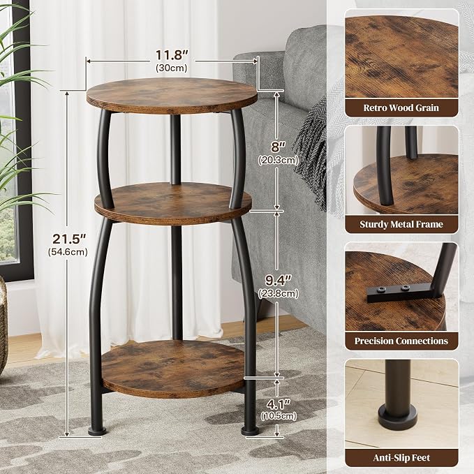 Small Round Side Table for Small Spaces, 3-Tier End Table - Image 3