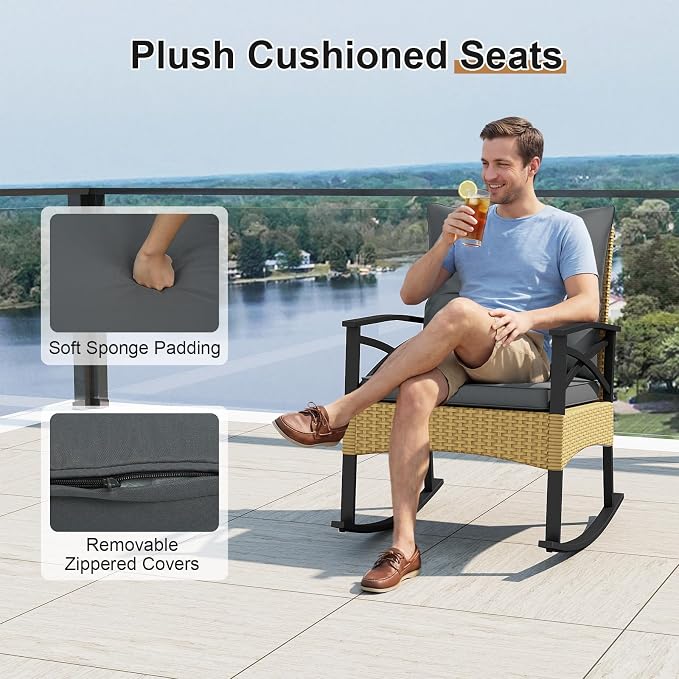 Tangkula 3 Pieces Outdoor Rocking Chairs Set, Rattan Heavy Duty Cushioned - Image 5