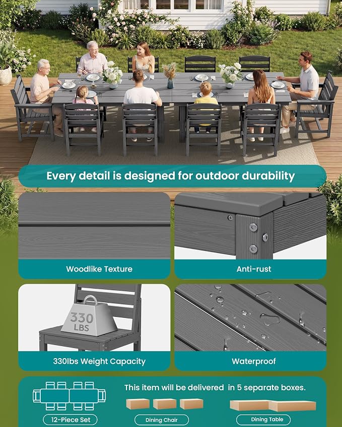 SERWALL Patio Dining Sets for 10 Person, HDPE Dining Set - Image 7
