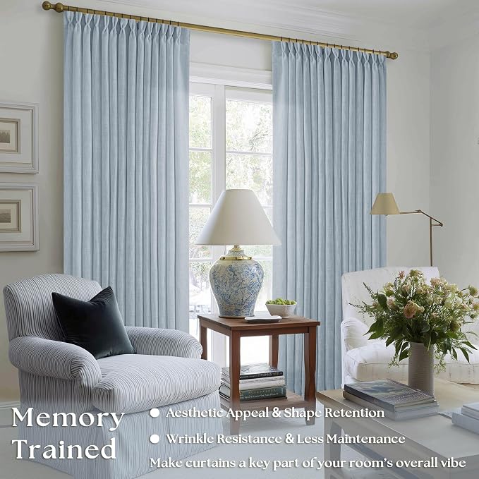 Dusty Blue Linen Pinch Pleated Curtains 108 Inches Long 2 Panels | Semi Sheer - Image 2