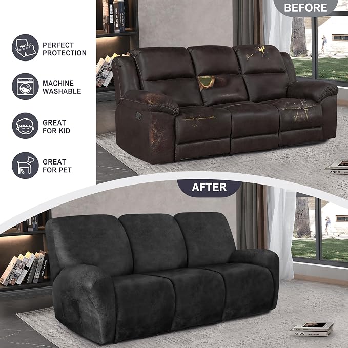 ANARACHON Leather Look Recliner Couch Cover, 8-Pieces Stretch Recliner Sofa - Image 6