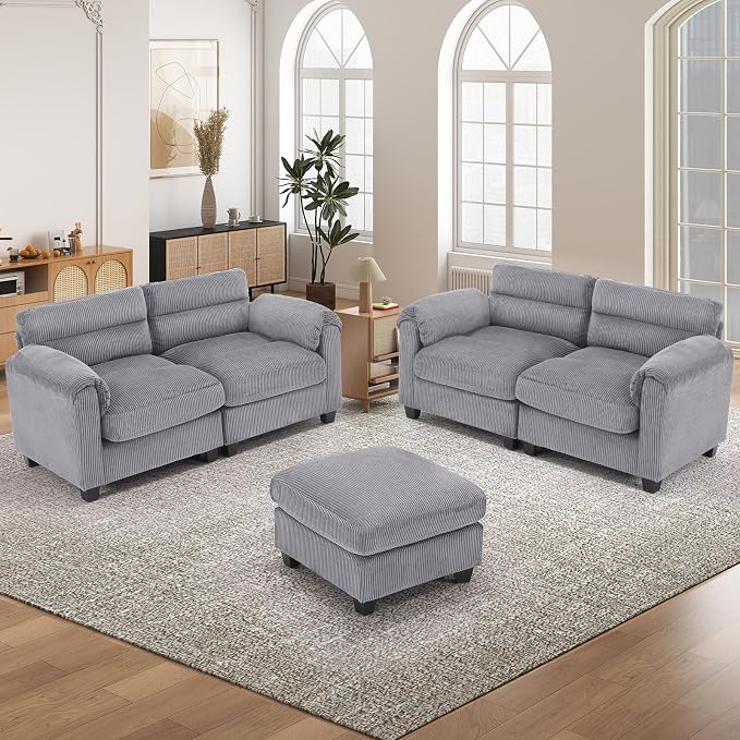 HAOMARKETS Corduroy Sofa Set, Upholstered Ottoman, Loveseat Set of 2with Plush - Image 6