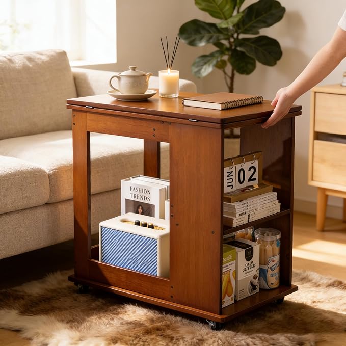 Folding Side Table with Storage Shelf, Space Saving Bamboo End Table with - Image 6