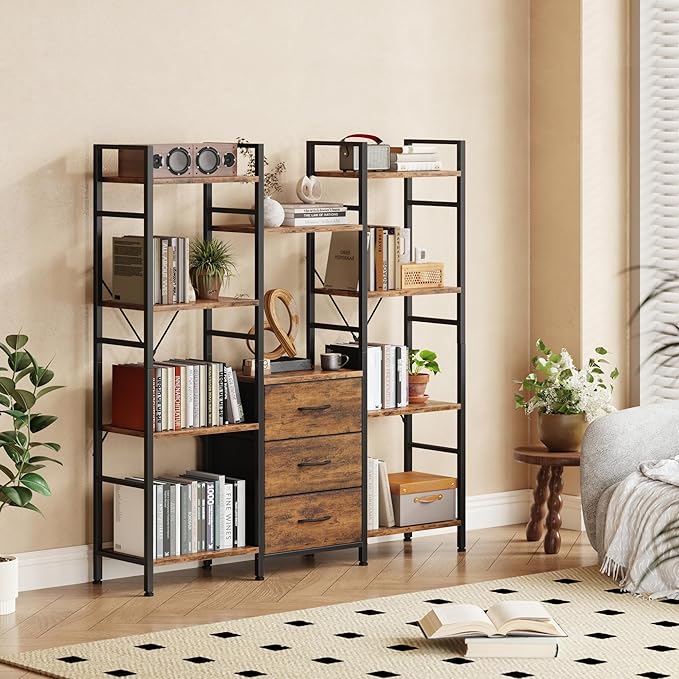 AFLUI Triple Bookshelf with 3 Fabric Drawers, 4-Tier Book Shelf and 10 Display - Image 2
