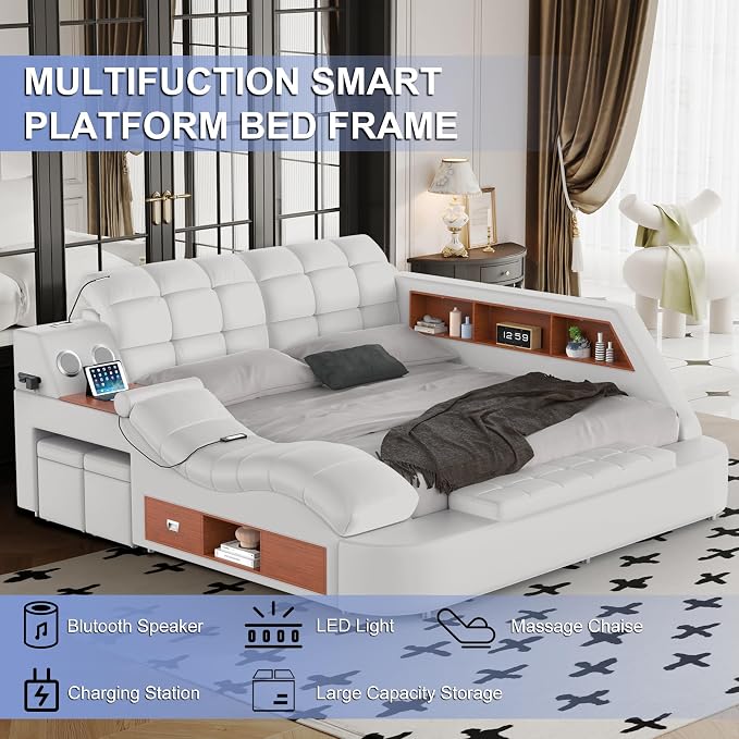 Luxury Smart King Bed Frame, Leather Headboard/Strong Wooden Slats - Image 3