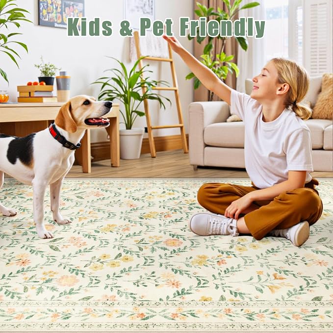 PLHXFR Area Rug 9x12 Living Room: Floral Washable Boho Carpet Beige Multi | - Image 7