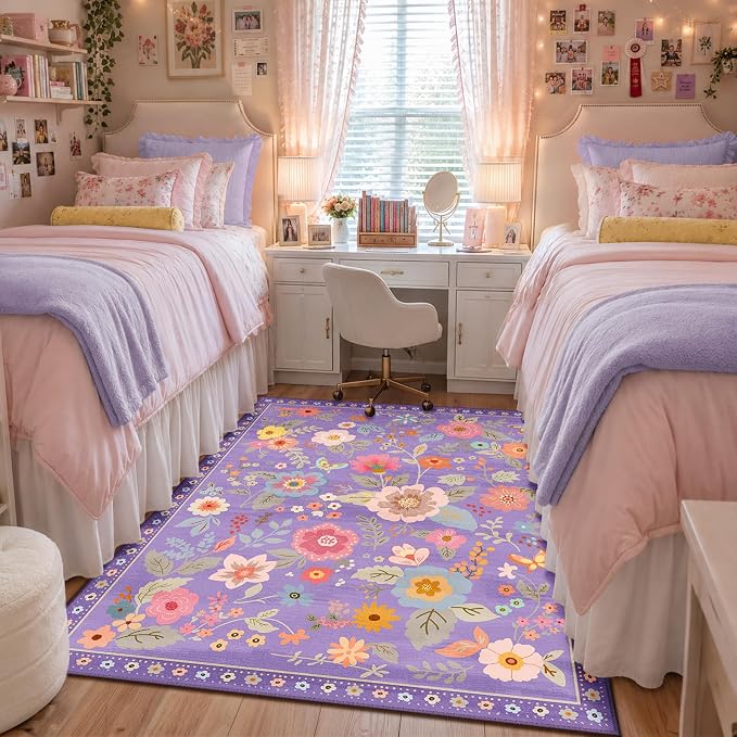 RELEANY Floral Washable 5x7 Area Rugs Purple/Pink | Flower Carpet Print Boho - Image 2