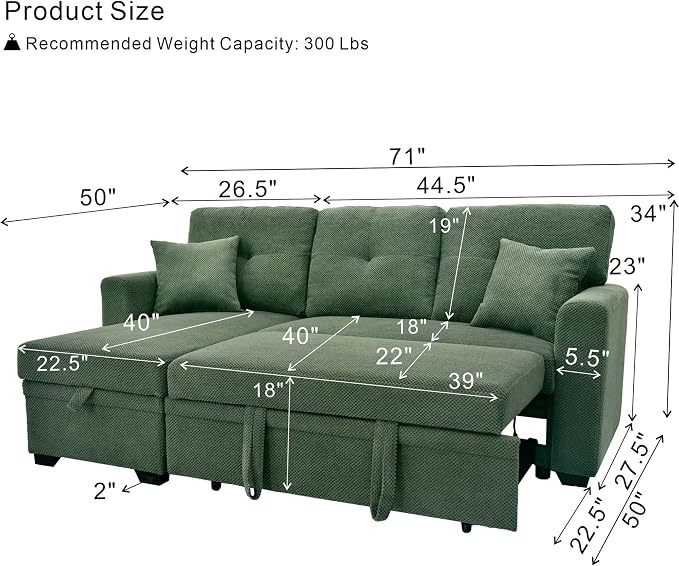 L Shaped Sectional Couch with Storage and Pull Out Bed, 3 Seater Sleeper Sofas - Image 4