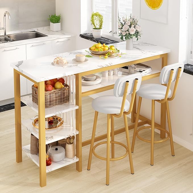 AWQM 3-Piece Bar Table and Chairs Set, Modern White Faux Marble Table by AWQM