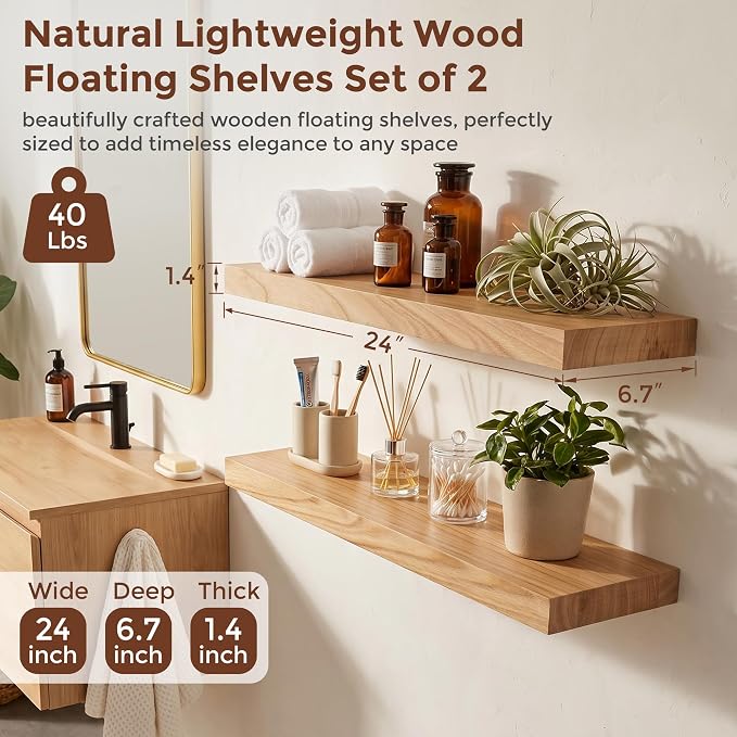 fuqing Natural Wood Floating Shelves | 24 Inch Floating Shelves - Image 3