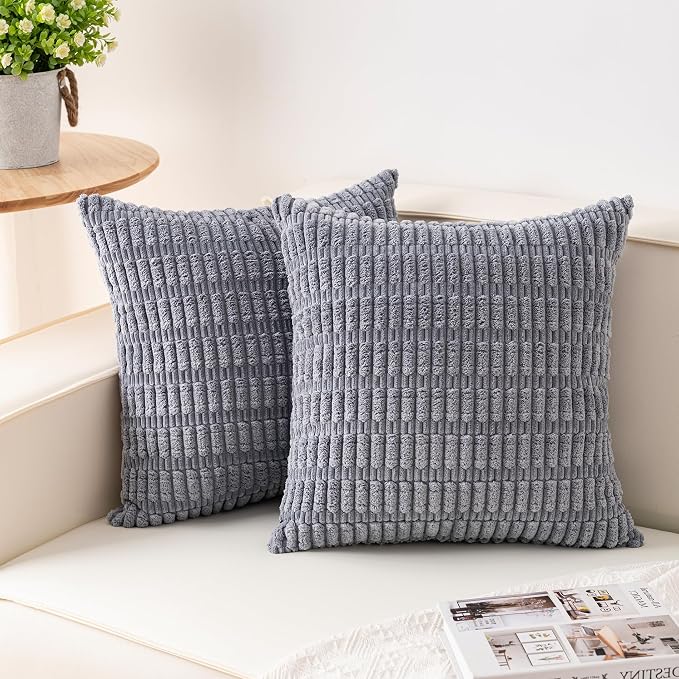 Pack of 2 Corduroy Decorative Throw Pillow Covers 22x22 Inch, Light Grey | Fall by Unknown