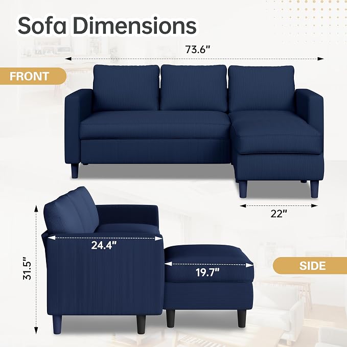 JAMFLY Couches for Living Room, 3-Seat Reversible Sectional Sofa - Image 2