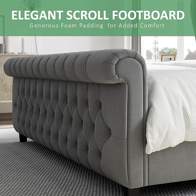 AMERLIFE Queen Size Platform Bed Frame, Velvet Upholstered Sleigh Bed - Image 5