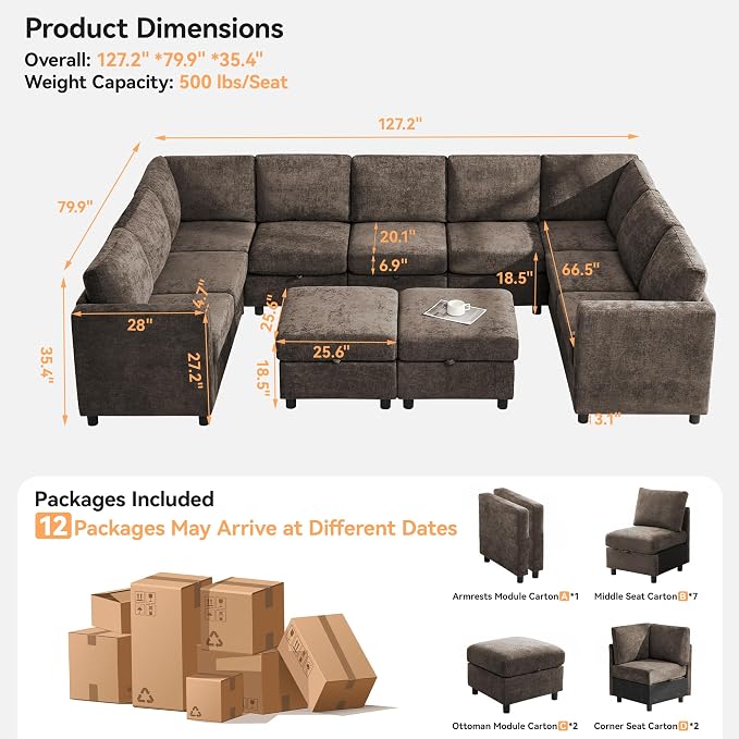 127'' Oversized U Shaped Modular Sofa, Sectional Couches - Image 2