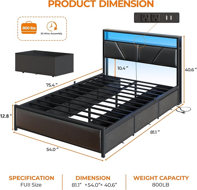 OURPIC Full Size Bed Frame, 2-Tier Storage Headboard & 6 Fabric Drawers - Image 2