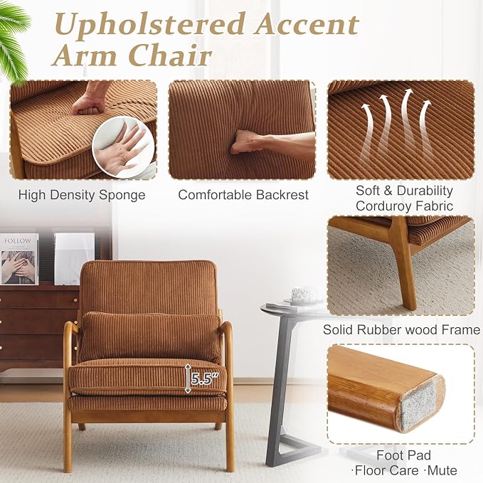VINGLI Upgraded Premium Corduroy Accent Chair, Upholstered Arm Chair, Solid - Image 5