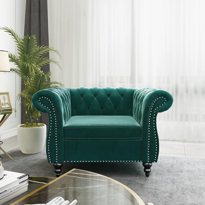 2 Piece Living Room Set, Velvet Chesterfield Sofa Couch Chair - Image 5