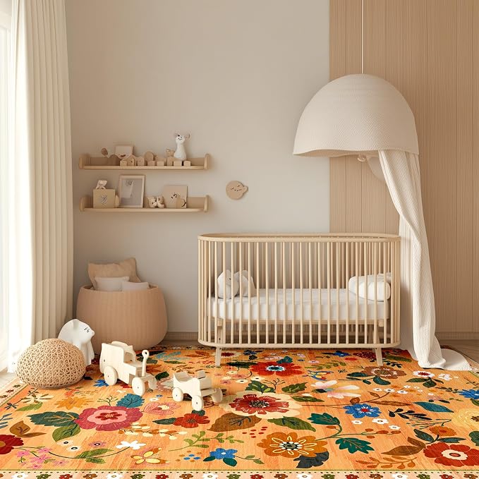 RELEANY Floral Washable 4x6 Area Rugs Yellow/Orange/Red | Flower Carpet Print - Image 8