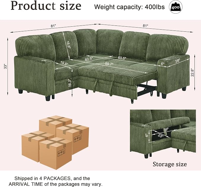 L-Shaped Sectional Couch with Storage and Pull Out Bed, Convertible Sofa Bed - Image 2