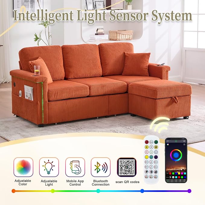 L-Shaped Sectional Sofa with Storage & Movable Ottoman, Corduroy 3 Seater - Image 7