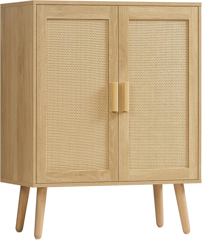 Iwell Storage Cabinet with 2 Shelves, Rattan Cabinet with 2 Doors, Sideboard by IWELL