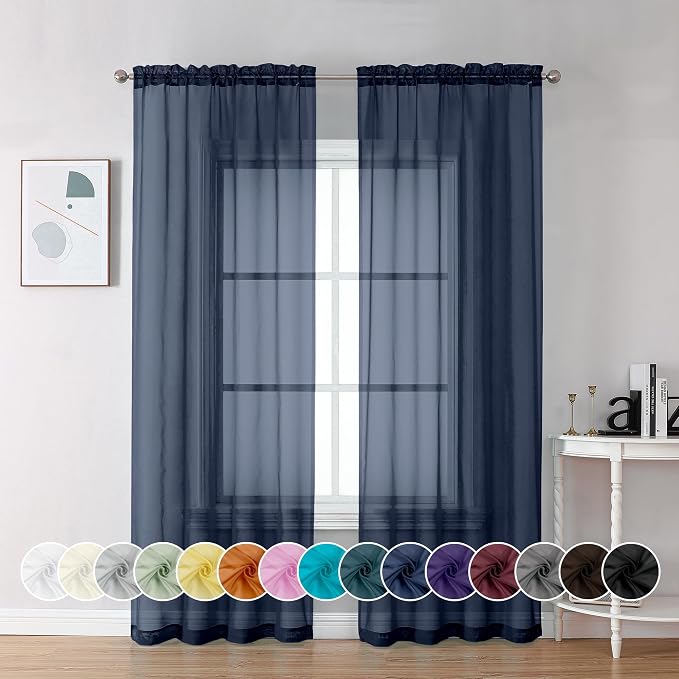Chyhomenyc Navy Blue Sheer Curtains 84 Inches Long 2 Panels | Light Filtering by Chyhomenyc