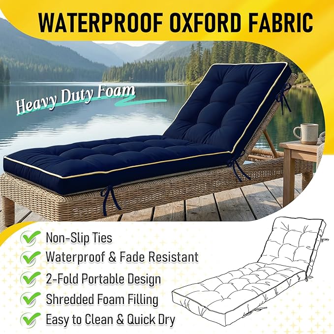 2 Pack 72x21 Inch Folding Chaise Lounge Cushion Quick Dry - Image 3