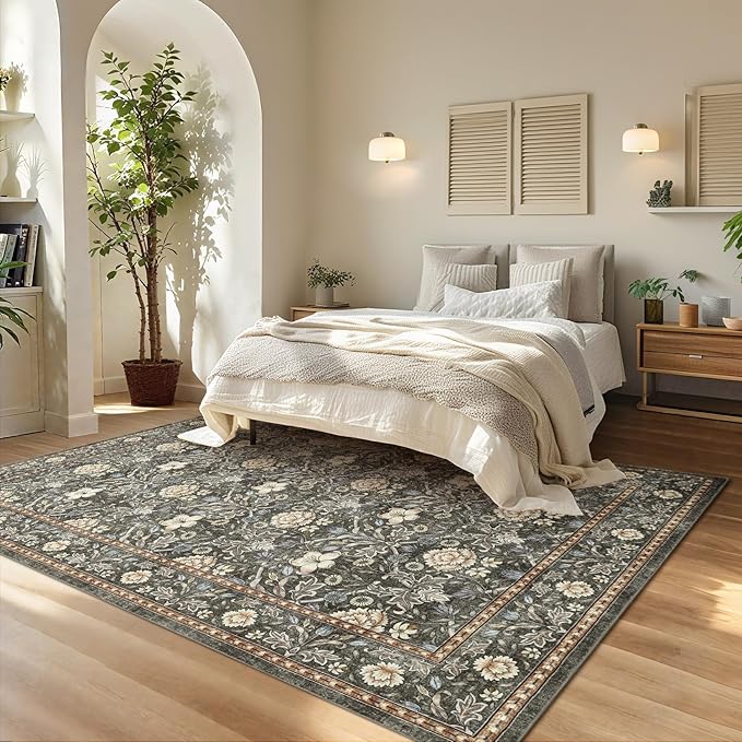 GarveeHome Washable Area Rug 6x9, Soft Vintage Floral Bedroom Rug Non Slip Low - Image 3