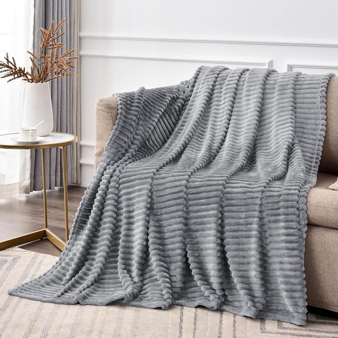 BEDELITE 3D Ribbed Jacquard Grey Fleece Throw Blanket - Image 2