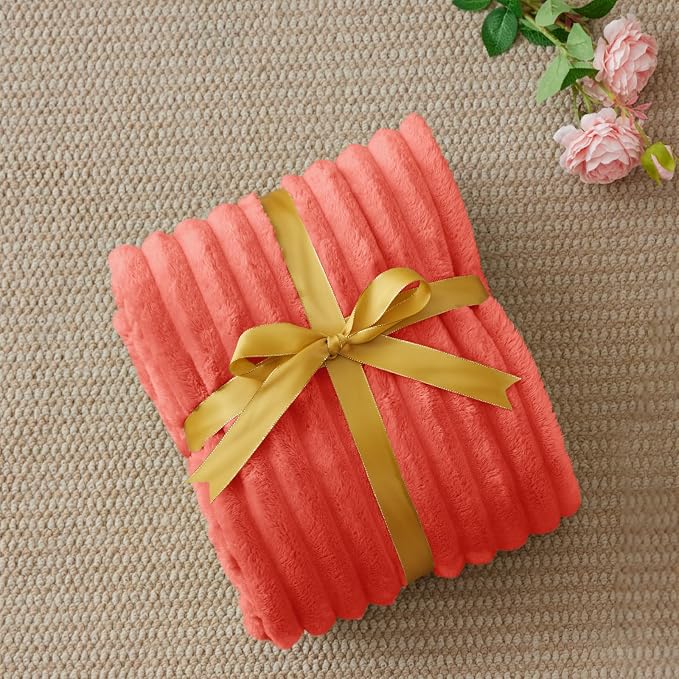 BEDELITE Striped Fleece Throw Blanket, Coral Red, Soft Cozy, Lightweight Warm - Image 6