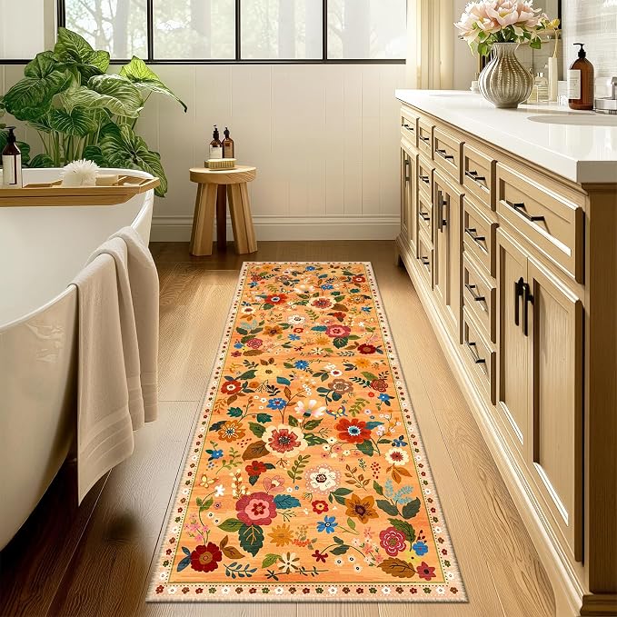 Floral Washable 2x10 Area Rugs Runner Entryway Hallway Yellow/Orange/Red | - Image 8