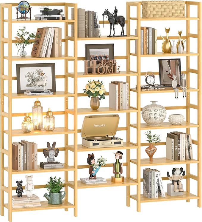 Homykic Bamboo Bookshelf, 71” Tall Triple Wide Bookcase by Homykic