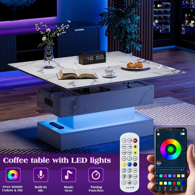 SYESWAY 39.4” Modern High Gloss Marble Lift Top Coffee Table - Image 3