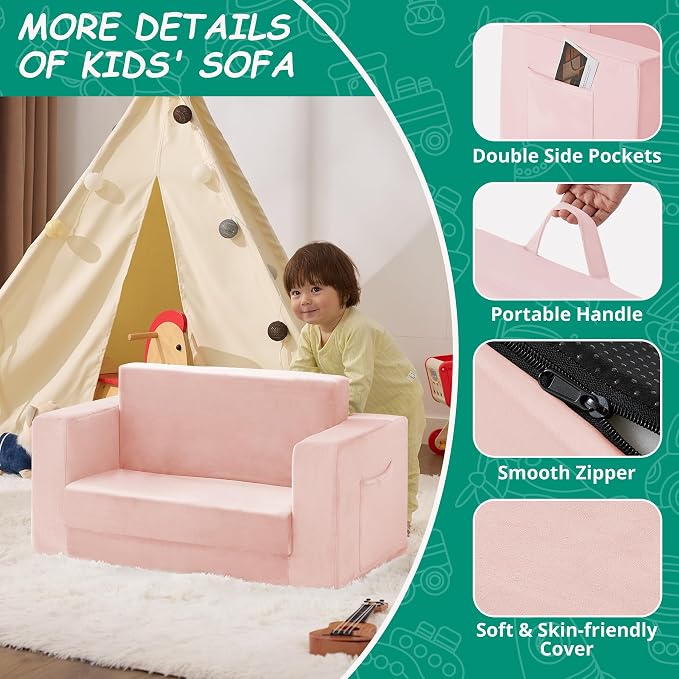 Kids Couch, 2-in-1 Toddler Chair Comfy 1-3 Years, Convertible Kids Chair - Image 4