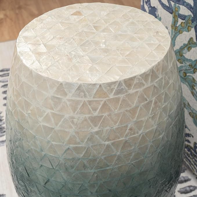 Tylin Ivory and Blue Capiz Ombre Drum Accent Table - Image 4
