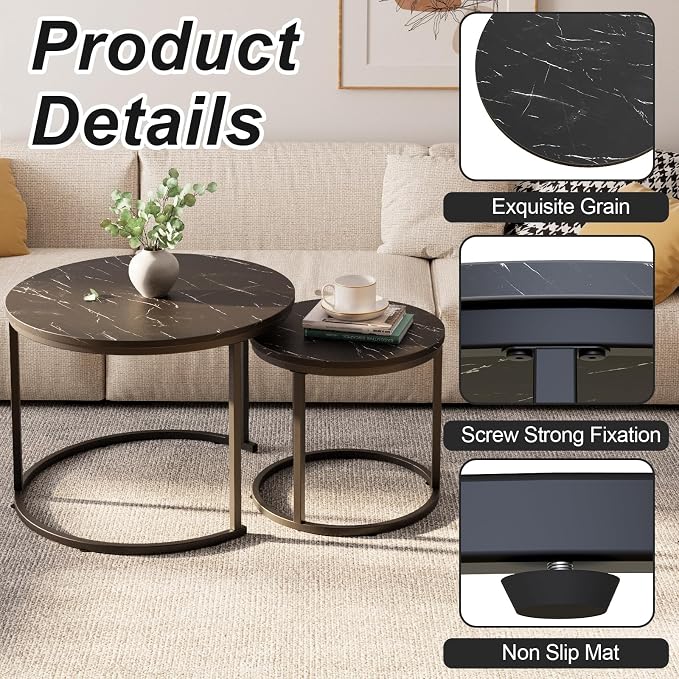 aboxoo Round Nesting Coffee Table Side Set of 2 End Tables - Image 5