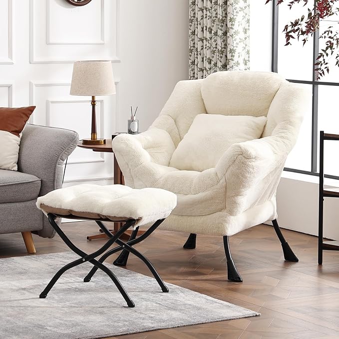 Lazy Chair with Ottoman, Large Lvory Accent Chair with Ottoman and FA Throw - Image 5
