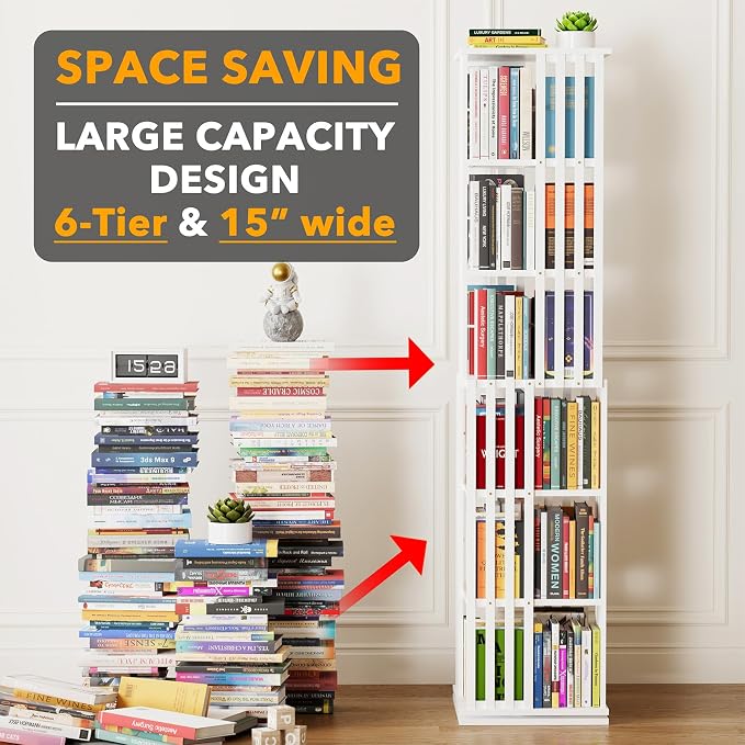 SpaceAid 6 Tier Rotating Bookshelf Tower, Bamboo Spinning Book Shelf, Revolving - Image 3
