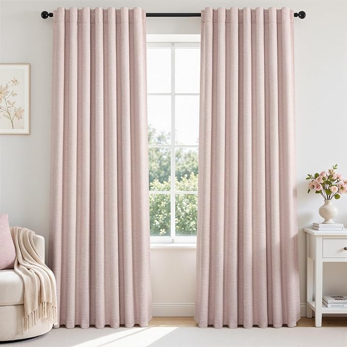 Light Pink Full Blackout Curtains Linen Blended Room Darkening Curtain Panels by Topfinel