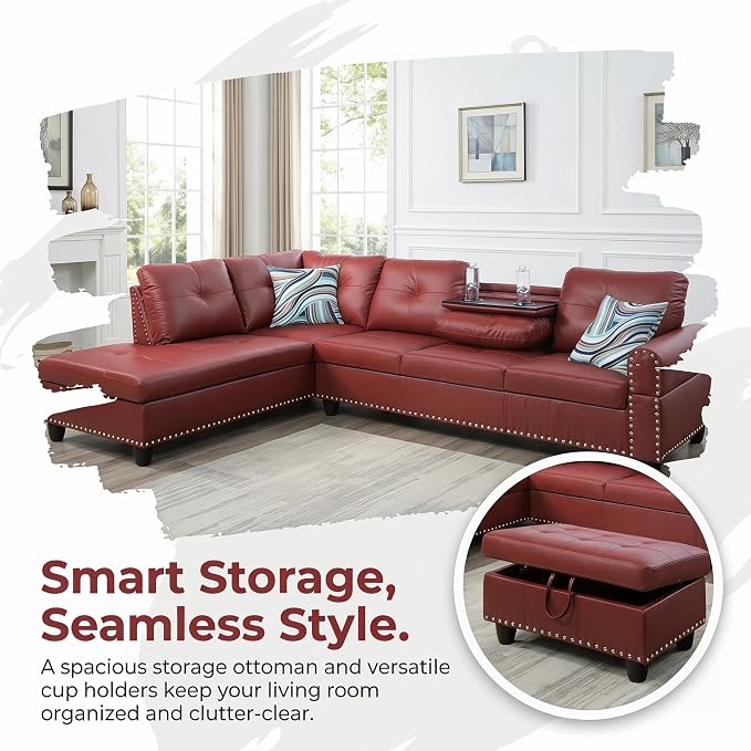 97.5" Red L Shaped Couch Set Leather, Modular Sectional Couches - Image 6