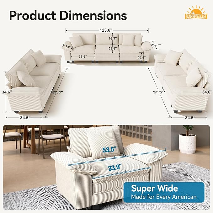 SUNSHINE VALLEY 3 Piece Living Room Sofa Furniture Set, Corduroy Modular 2 - Image 2
