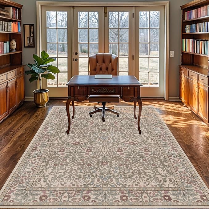 Vintage Moss Living Room Rug, 5x7 Washable Area Rugs - Image 5
