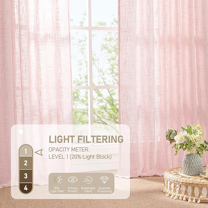 Linen Curtains 48 Inch Length Semi Sheer Light Filtering 2 Panels | Linen - Image 4