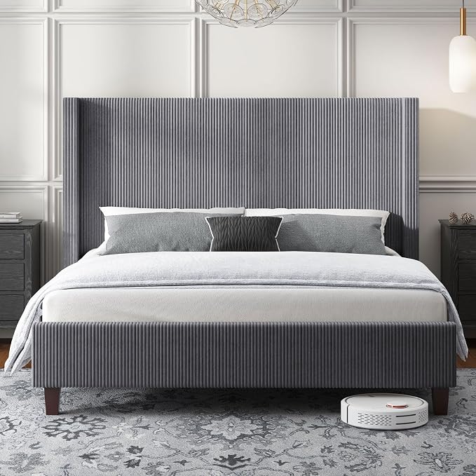 HOWE Queen Size Bed Frame with 50.8" Tall Wingback Headboard, Modern Corduroy - Image 3