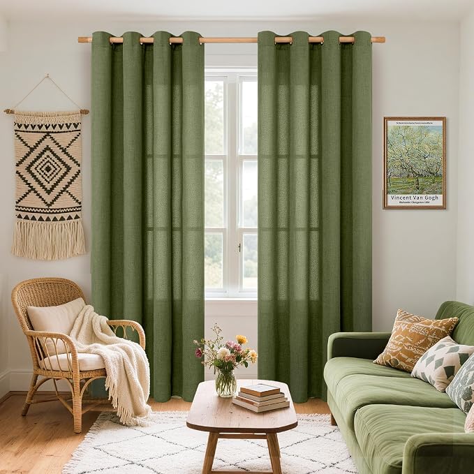 YoungsTex Olive Green Linen Semi Sheer Curtains 80 Inch Length 2 Panels | Light - Image 2