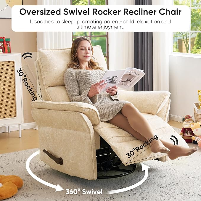 Rocking Chair Nursery with Adjustable Headrest, Manual Swivel Rocker Recliner - Image 4