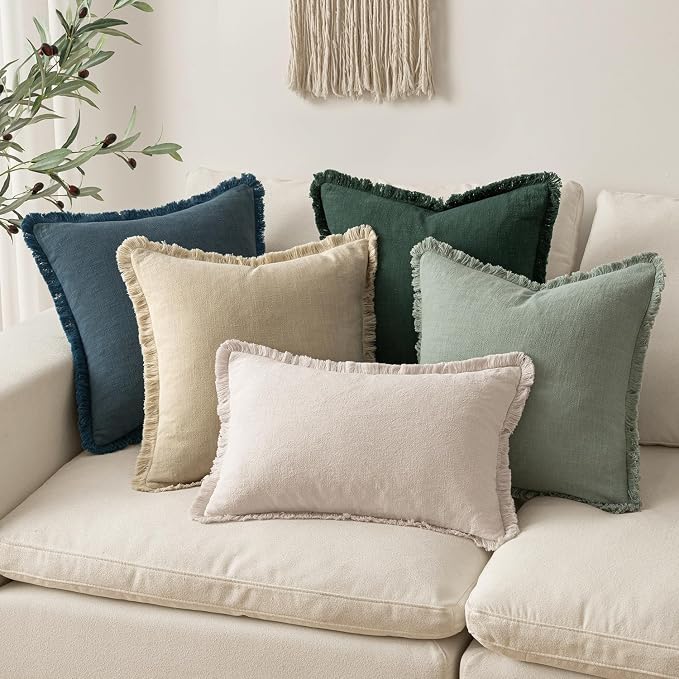 MIULEE Boho Linen Fringe Decorative Euro Throw Pillow Covers Beige 22x22 | Set - Image 5