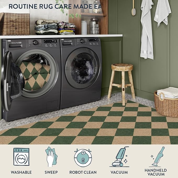 Lahome Checkered Easy Jute 3x5 Outdoor Patio Rug, Washable Rugs Green | Front - Image 4