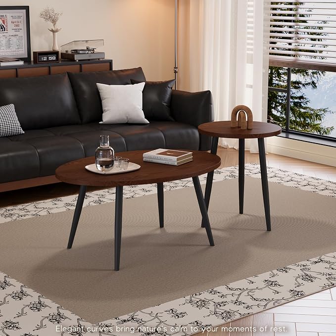 2 Pcs Small Oval Coffee Table, 31.5" Retro Walnut Coffee Tables Nesting Tables - Image 8